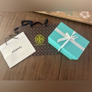 Large Tiffany & Co Box, Small Chanel Gift Bag and Large Tory Burch Gift Bag